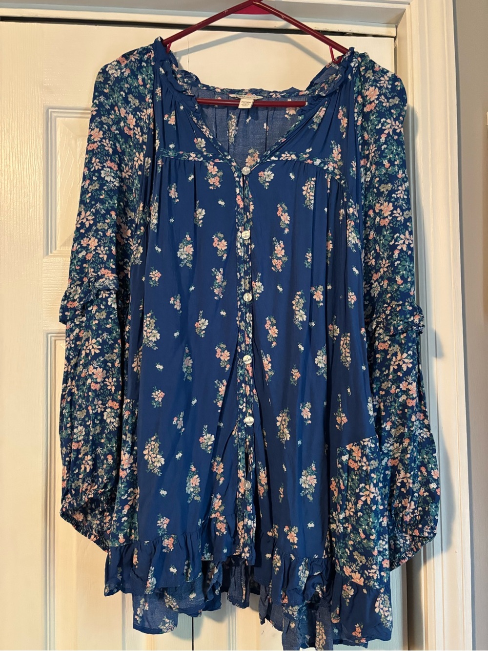 Cato Navy Blue Floral Button-Front Boho Blouse
